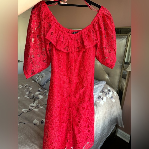 Zara Red Lace Midi Dress Button Down Size M Off-shoulder A Line Dress - Picture 3 of 15